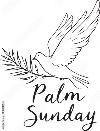 Dove with palm branch and Palm Sunday text in black and white Christian symbolic line illustration