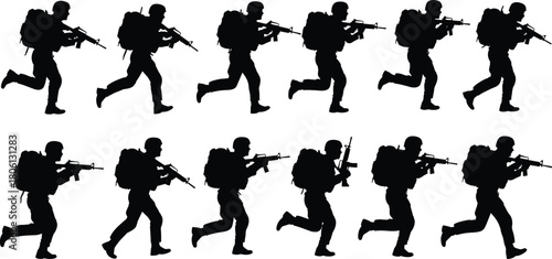 Soldier running silhouette set, military army men animation sprite, combat war vector illustration, infantry troops collection, special forces action, black fighter with gun, isolated