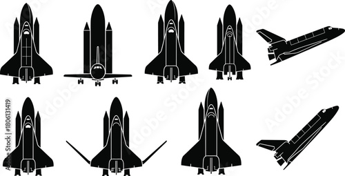 Space shuttle silhouettes set, rocket ship vector illustration, spaceship launch collection, black universe exploration icons, astronomy technology symbol, orbital flight transport, isolated on white