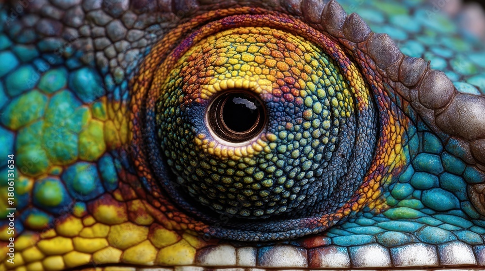 Obraz premium Close-up of a vibrant reptile eye showing intricate patterns and colors in a natural setting during daylight