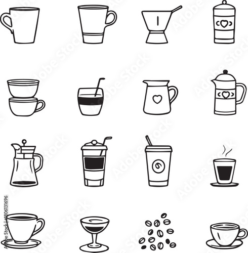 Grid of 16 black line icons of coffee cups, brewing tools, beans, and accessories in minimalist style