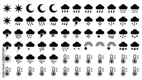 Weather icon set simple black glyph vector design forecast elements for web and mobile apps isolated on white background