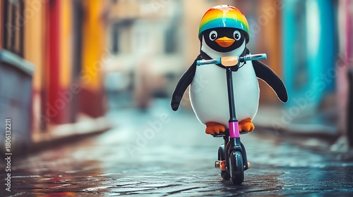 Fototapeta Naklejka Na Ścianę i Meble -  Stuffed penguin riding a scooter with a colorful helmet