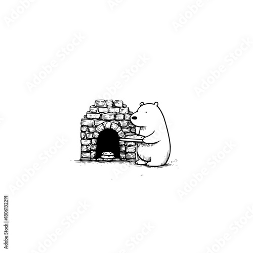 Illustration of a polar bear baking pizza in a brick oven sketch art for food and animal lovers art print