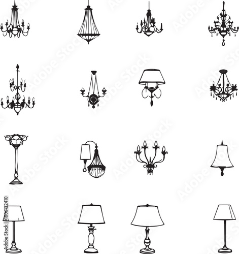 Elegant Lighting Fixture Icon Set: Classic Chandeliers, Pendant Lights, and Table Lamps Vectors