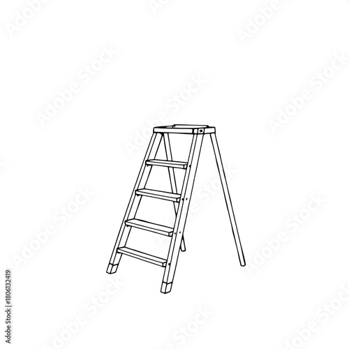 "A highly simplified black-line sketch of a step ladder, drawn with consistent line weight and perfect alignment. Shown at a slight angle to reveal depth, the ladder stands alone against a sterile whi