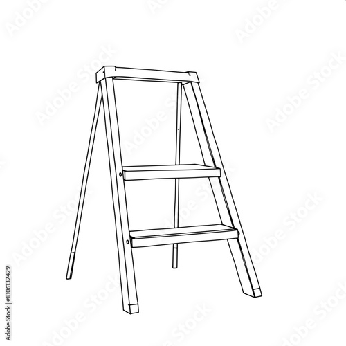 "A highly simplified black-line sketch of a step ladder, drawn with consistent line weight and perfect alignment. Shown at a slight angle to reveal depth, the ladder stands alone against a sterile whi