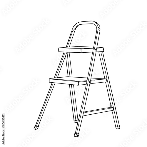 "A highly simplified black-line sketch of a step ladder, drawn with consistent line weight and perfect alignment. Shown at a slight angle to reveal depth, the ladder stands alone against a sterile whi