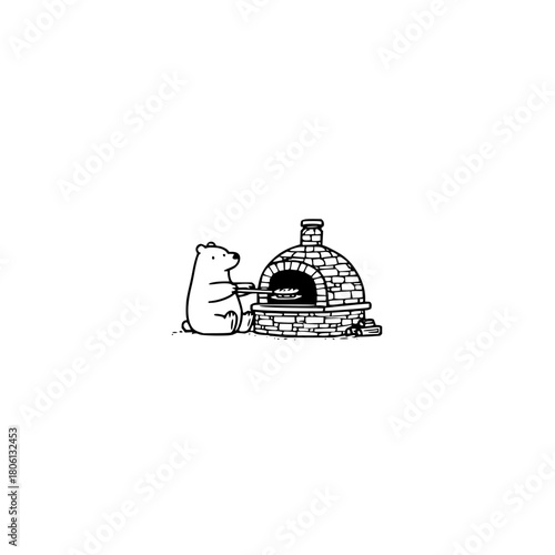 Bear baking pizza in brick oven illustration, cute cartoon animal chef cooking food, pizzeria design, simple art