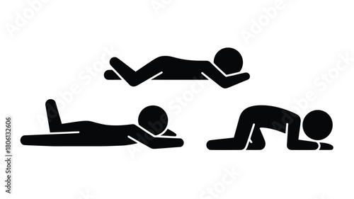 Stick figure lying down poses simple black silhouette vector illustration isolated on white background