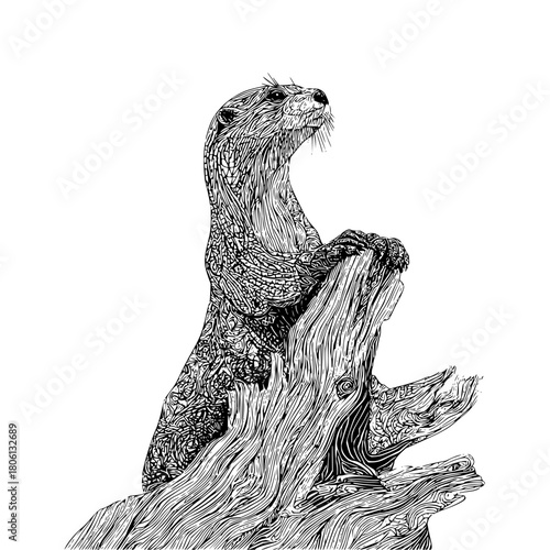 Detailed otter illustration black and white wildlife art animal drawing nature artwork mammal river creature wood art