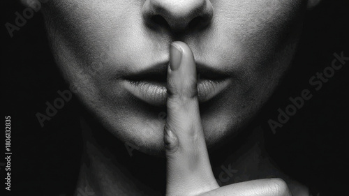 A close-up grayscale portrait of a person with a finger over their lips, emphasizing silence and secrecy. The image evokes a sense of mystery and intrigue