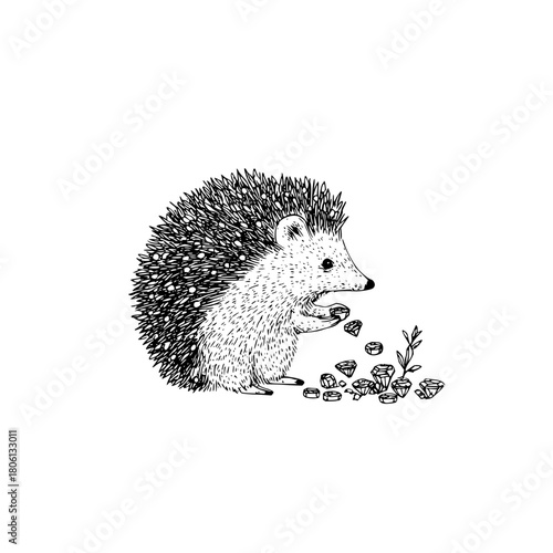 Hedgehog autumn animal illustration cute drawing forest nature wildlife acorns leaves black and white outline art