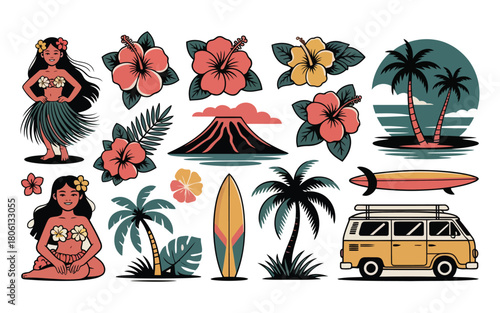 Hawaiian Tropical Hula Girl and Surfing Vector Element Set