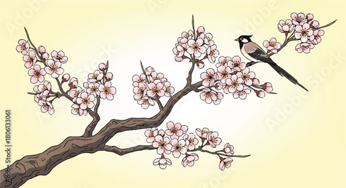 Traditional Japanese Cherry Blossom and Bird