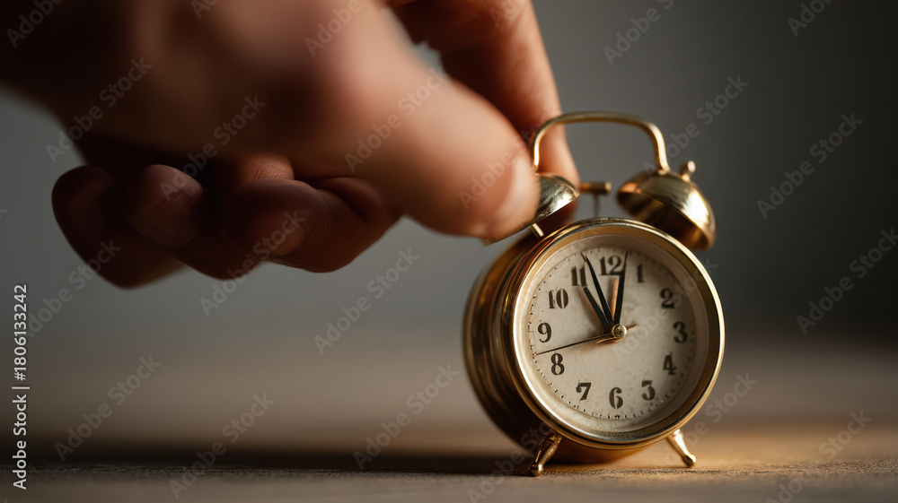 Fototapeta premium Close-up shot of hand adjusting a vintage alarm clock, emphasizing time, deadlines, and deadlines