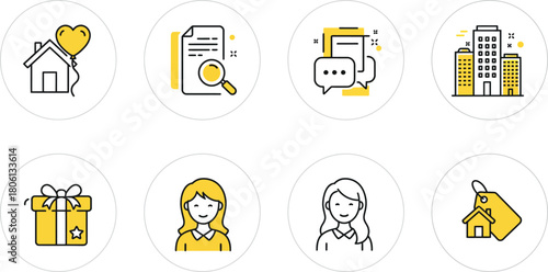 Real estate, property, business, finance, communication, and user line icons set