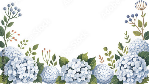 Blue and white floral border, hydrangea and myosotis mix, transparent background