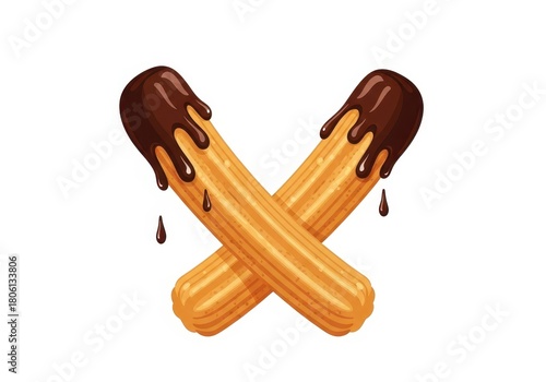 Two delicious churros crossed and covered with chocolate isolated on white background