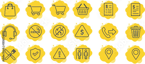 Essential e-commerce, warning, and service line icons collection on yellow blobs