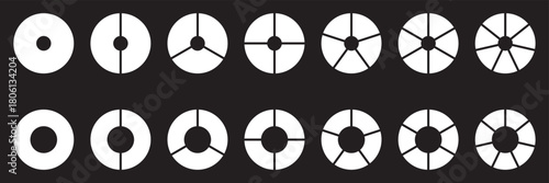 Circle division on 1, 2, 3, 4, 5, 6, 7, 8, 9, 10, 11, 12, 13, 14 equal parts. Wheel life round divided diagrams with segments. Blank infographic progress icons. Coaching tool. Segmented pinwheel 