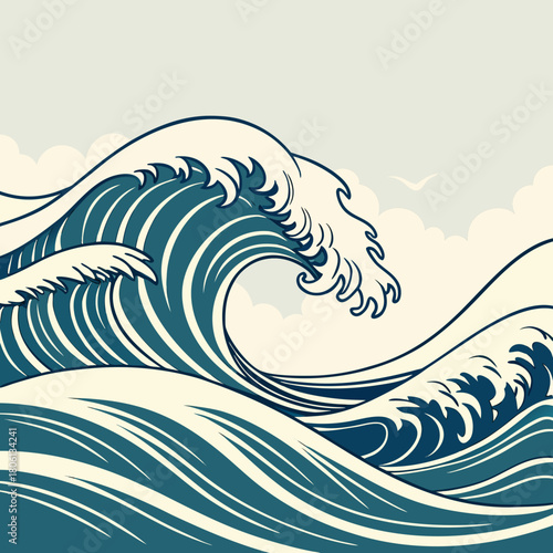 Ocean Wave Illustration: The illustration portrays the raw energy of ocean waves with flowing lines and dynamic composition. Capturing the power and beauty of the sea.