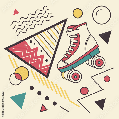 Roller Skate and Geometrics : A vibrant composition showcasing a roller skate in the center, adorned with a playful arrangement of geometric shapes.