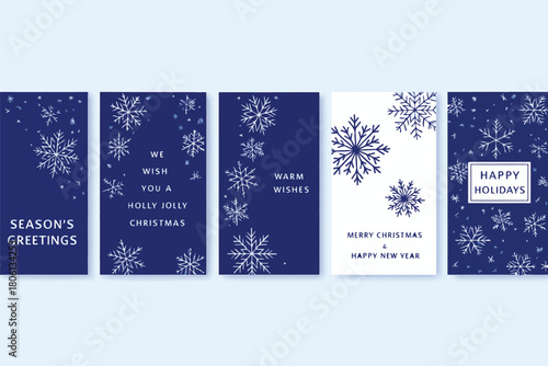 Vertical Christmas and New Year Greeting Cards Set. Navy Blue Minimalist Snowflake Pattern Border. Elegant Winter Holiday Invitation Vector Template.