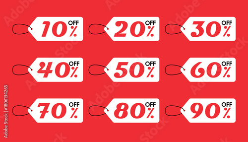 Promotion hold tag. Special offer discount on red tags shapes with different value percent off 90, 80, 70, 60, 50, 40, 30, 20, and 10%.	
