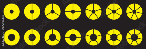 Circle division on 1, 2, 3, 4, 5, 6, 7, 8, 9, 10, 11, 12, 13, 14 equal parts. Wheel life round divided diagrams with segments. Blank infographic progress icons. Coaching tool. Segmented pinwheel 