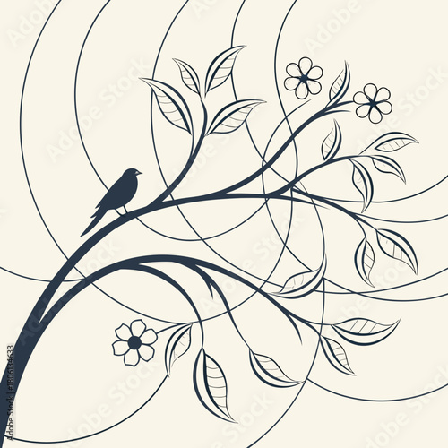 Harmony of Nature: A delicate artwork of a graceful bird perched on a branch, surrounded by leaves, flowers and curved lines. It evokes a feeling of calm and serenity.