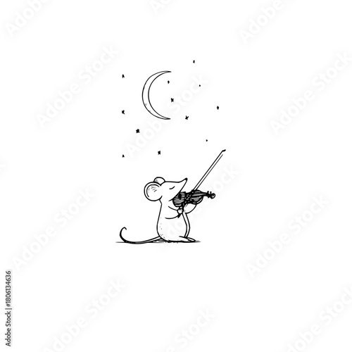 Mouse playing violin under moonlight illustration art drawing sketch animal cute night music stars violin moon art