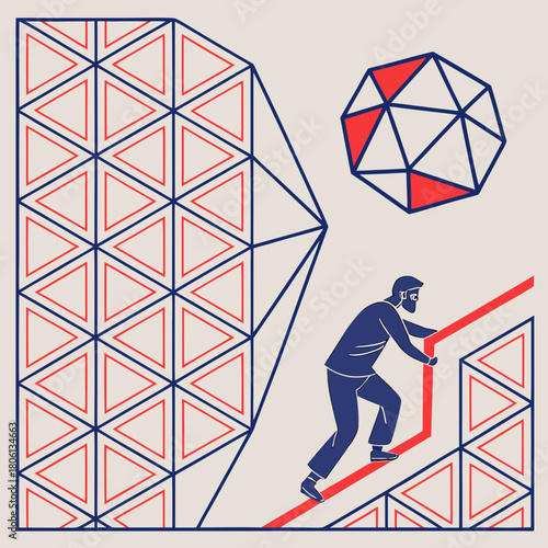 Visionary Ascent: A determined figure ascends a symbolic staircase towards an abstract geometrical design, representing a journey of progress, innovation, and unwavering ambition.