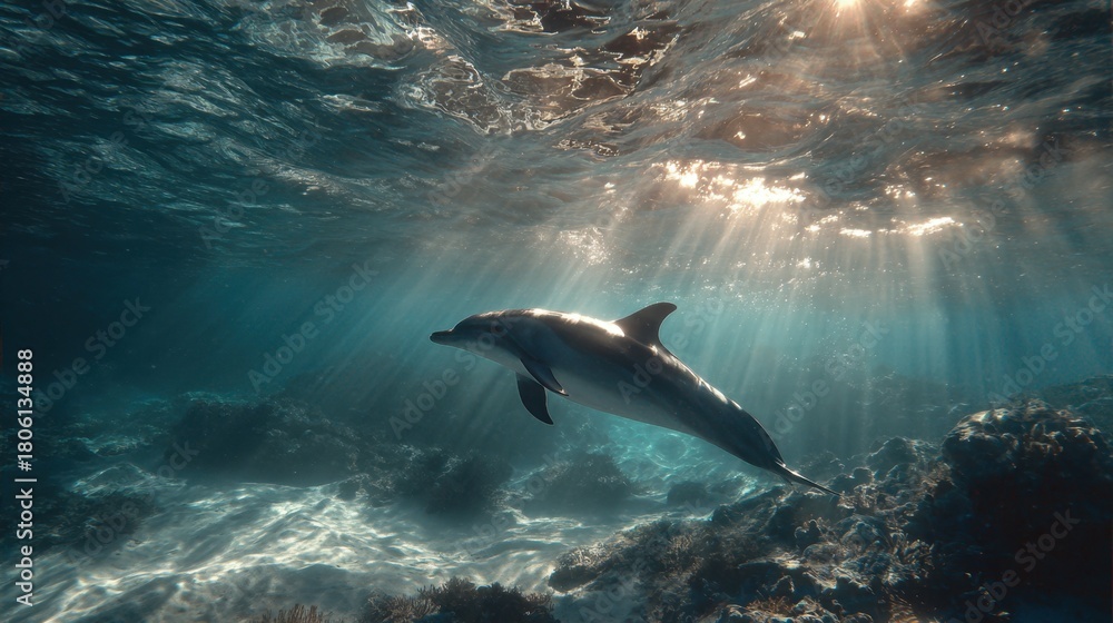 Obraz premium Dolphin swimming gracefully through clear ocean water with sun rays illuminating the underwater scene during midday