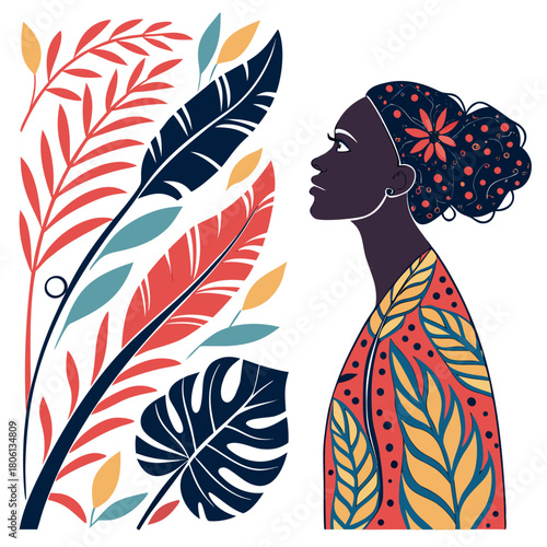 Botanical Elegance: A silhouette of a woman with an intricate floral pattern, standing alongside colorful botanical leaves. The artwork embodies grace and connection to nature. 