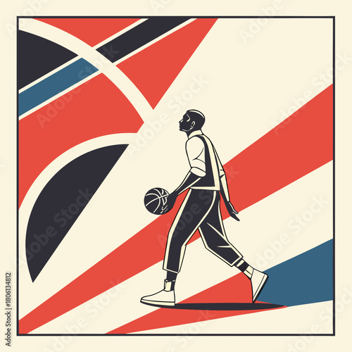 Basketball Player's Dynamic Silhouette: A poised silhouette of a basketball player dribbles the ball against a backdrop of bold colors and geometric shapes.