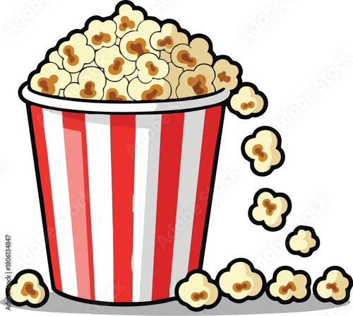 Classic Red and White Striped Popcorn Bucket Overflowing with Fluffy Kernels Isolated on White Background