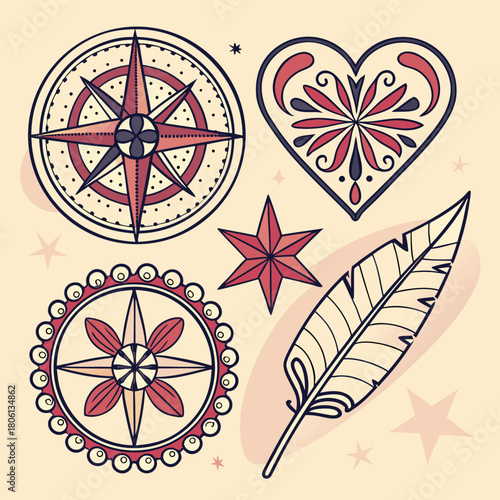 Decorative Vintage Elements: A collection of decorative vintage elements, including a compass rose, a heart, a star, a floral emblem, and a feather, arranged on a cream background.
