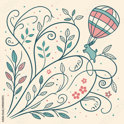 Whimsical Springtime Flight: A whimsical illustration depicts a cute rabbit soaring through a fantastical world with a vibrant hot air balloon amidst blossoming floral details.