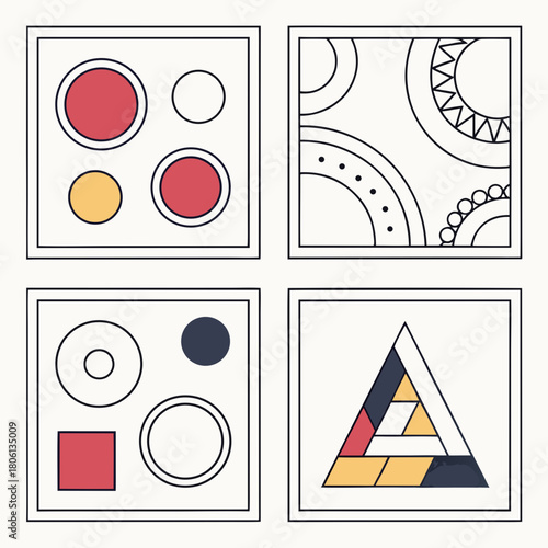 Geometric patterns illustration : An abstract illustration features a minimalist design with bold geometric shapes. The art is composed of simple elements arranged in a balanced composition.