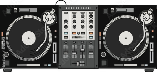 Professional DJ Turntable Setup with Mixer for Vinyl Record Mixing and Scratching