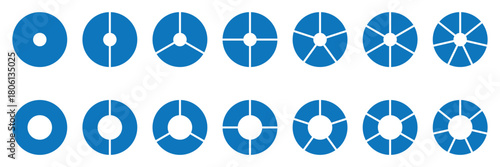 Circle division on 1, 2, 3, 4, 5, 6, 7, 8, 9, 10, 11, 12, 13, 14 equal parts. Wheel life round divided diagrams with segments. Blank infographic progress icons. Coaching tool. Segmented pinwheel 