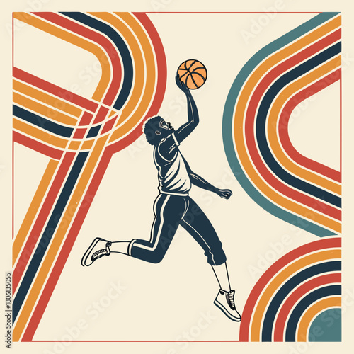 Vintage Basketball Throw: a dynamic illustration captures a basketball player mid-throw, exuding vintage sports illustration. 