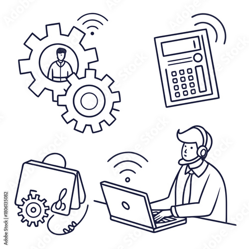 Business and Technology Illustration: a dynamic illustration merges technology and professional life, showing gears, calculators, and laptops.