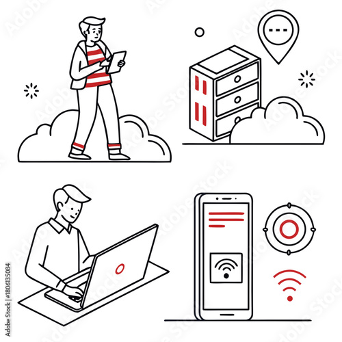 Cloud Data Access: A modern digital landscape illustration of a person accessing data from the cloud using a tablet. Illustrated data servers and other related devices that facilitate access