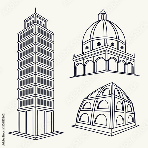 Architectural Elements: A collection of architectural elements showcases a tower, a dome and a curved structure, all drawn with clean lines and highlighting the beauty of architectural design. 