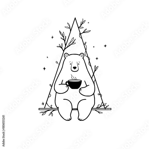 Cute bear drinking coffee on swing with triangle frame leaves stars illustration vector art drawing design