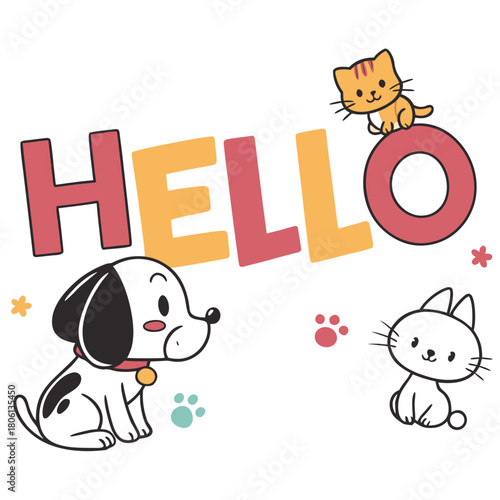 Cute cartoon dog and cats say hello with colorful text