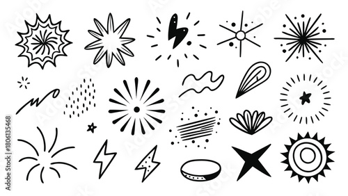 A collection of various black and white shapes and lines arranged artistically on a plain background..eps