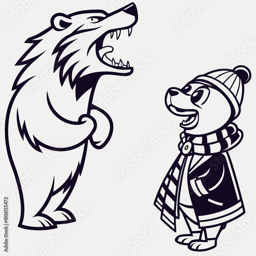 Angry bear confronts small bear in winter clothes